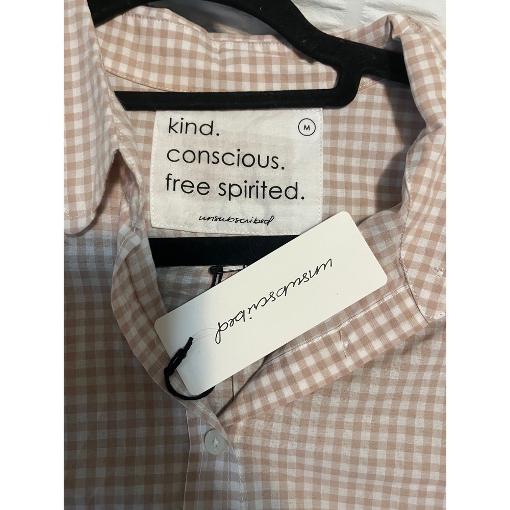 Unsubscribed Tan Gingham Boyfriend Button Down Shirt M NWT 100% Cotton - Picture 7 of 8